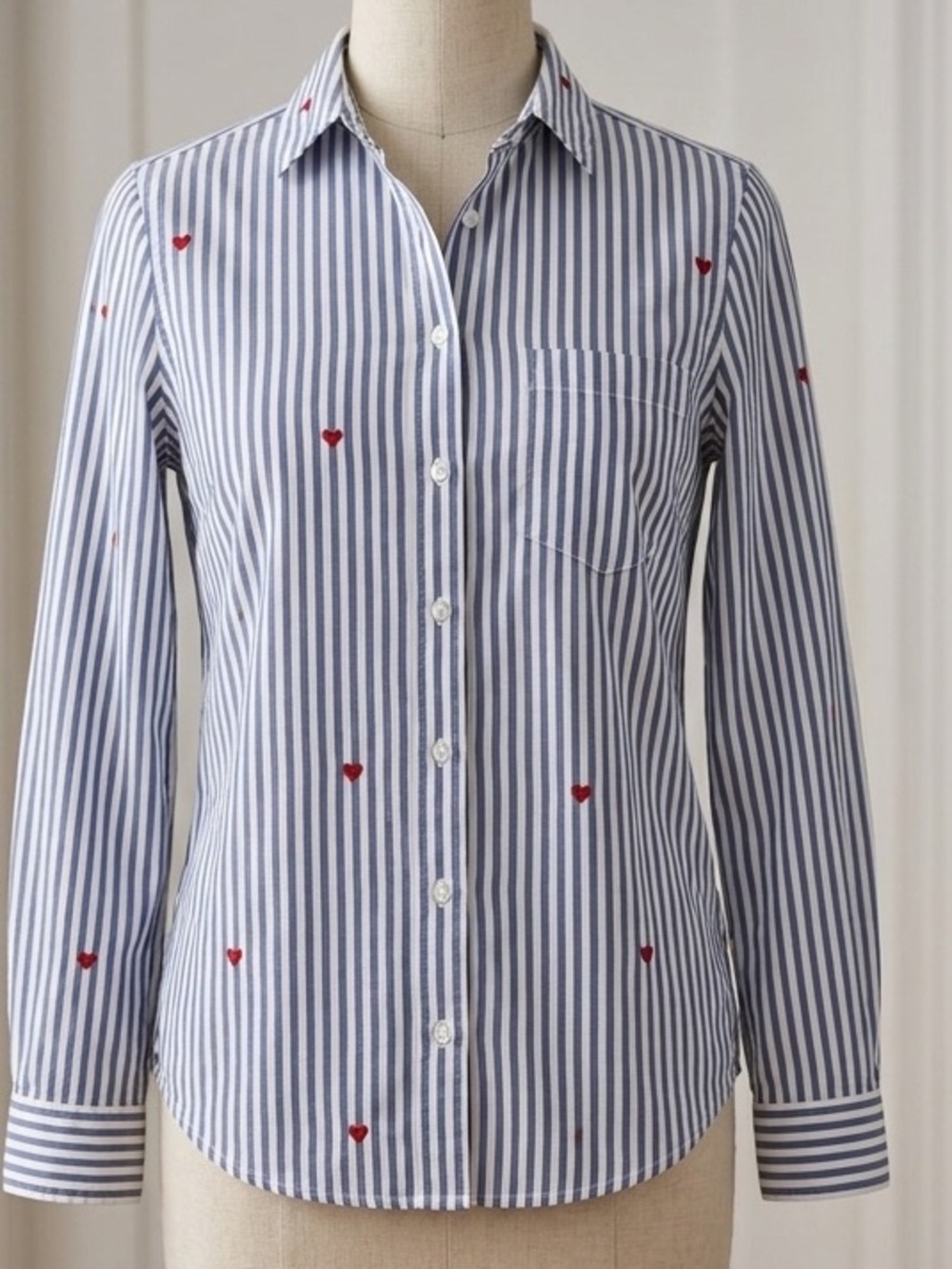beachlunchlounge Blue and White Striped Button-Up with Red Dot Embroidery